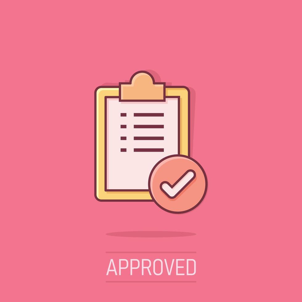 To do list icon in comic style. Document checklist cartoon vector illustration on isolated background. Notepad check mark splash effect business concept.