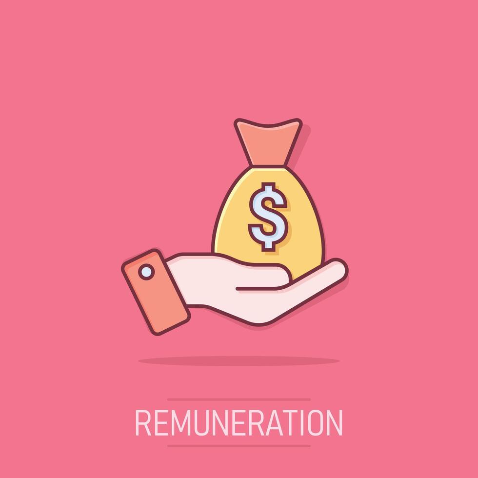 Remuneration icon in comic style. Money in hand cartoon vector illustration on isolated background. Banknote payroll splash effect business concept.