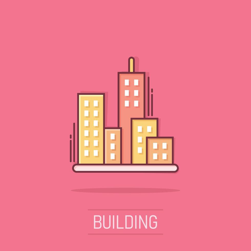 Building icon in comic style. Town skyscraper apartment cartoon vector illustration on isolated background. City tower splash effect business concept.