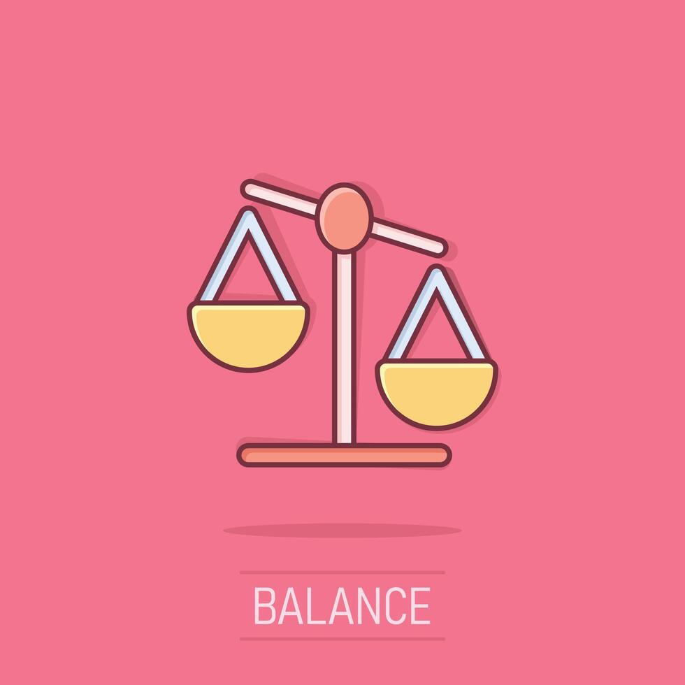 Scale balance icon in comic style. Justice cartoon vector illustration on isolated background. Judgment splash effect business concept.