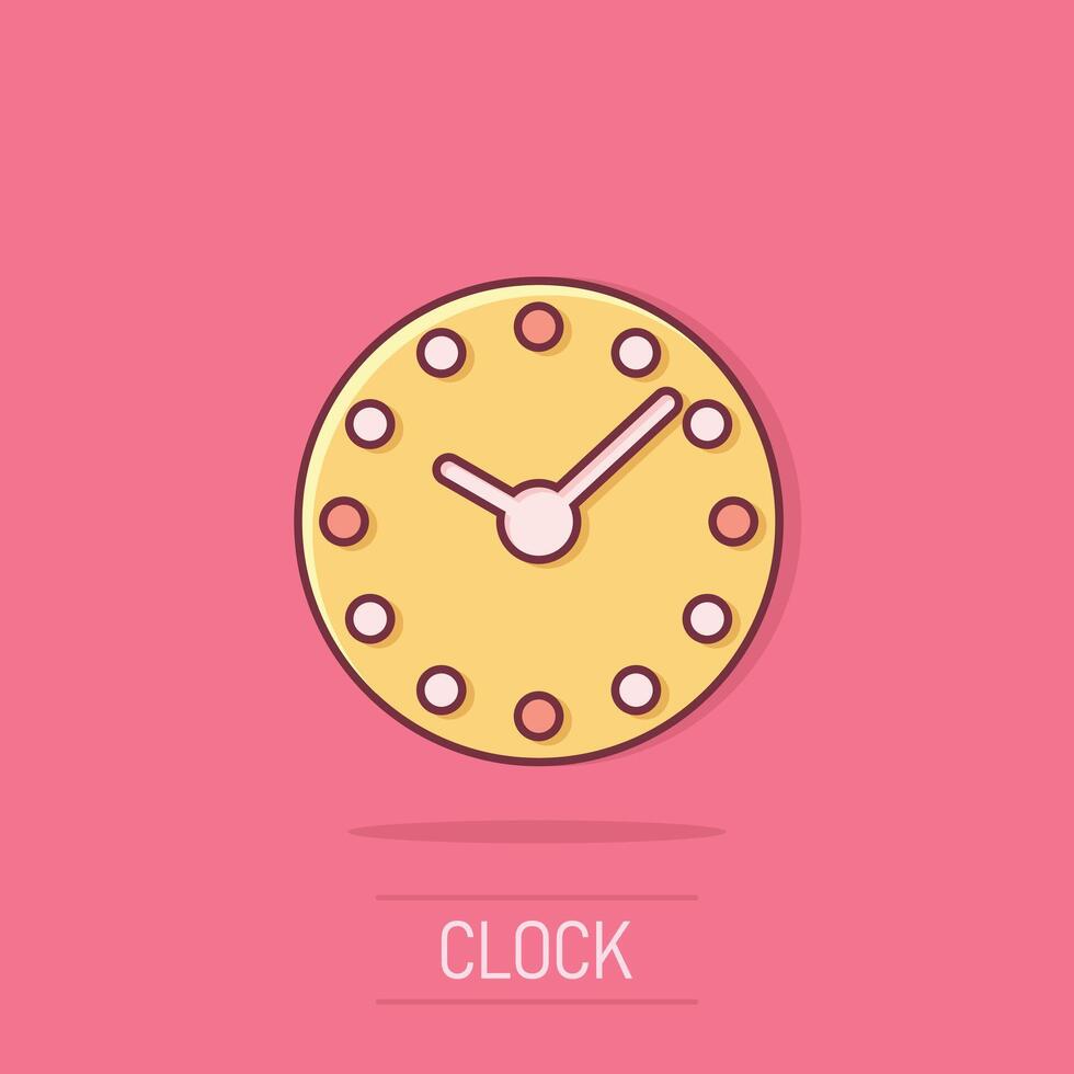 Clock icon in comic style. Watch cartoon vector illustration on isolated background. Timer splash effect business concept.