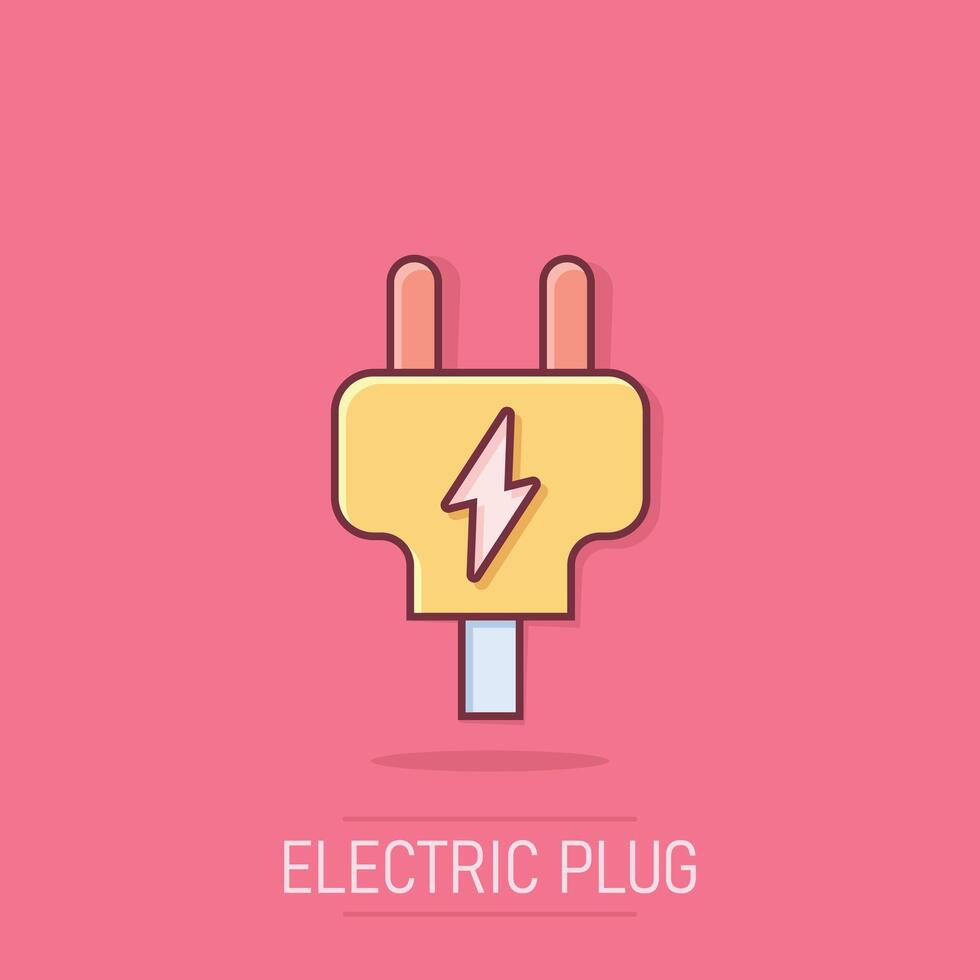 Electric plug icon in comic style. Power adapter cartoon vector illustration on isolated background. Electrician splash effect sign business concept.