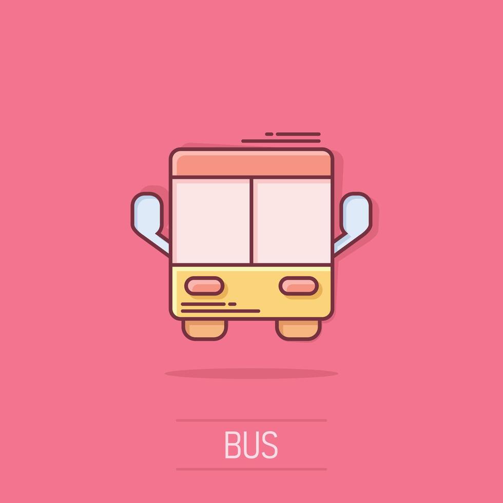 autobús icono en cómic estilo. entrenador dibujos animados vector ilustración en aislado antecedentes. autobus vehículo chapoteo efecto negocio concepto.