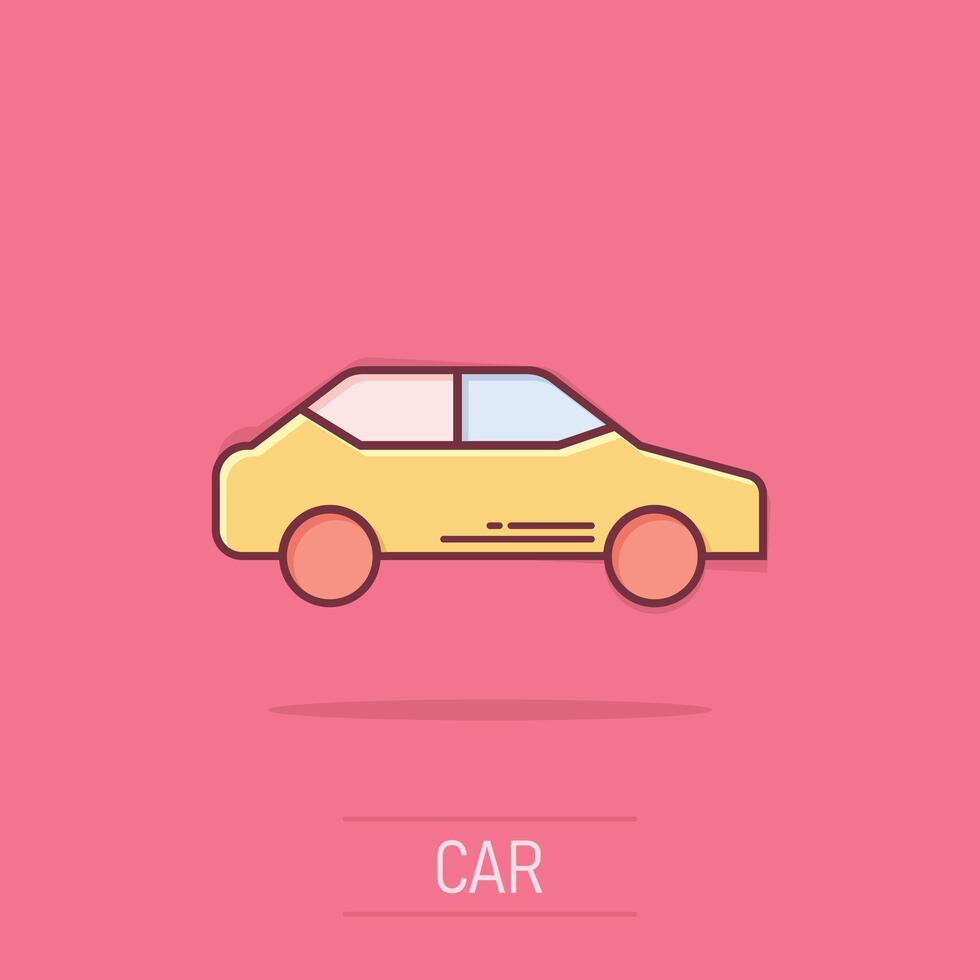 coche icono en cómic estilo. automóvil vehículo dibujos animados vector ilustración en aislado antecedentes. sedán chapoteo efecto negocio concepto.