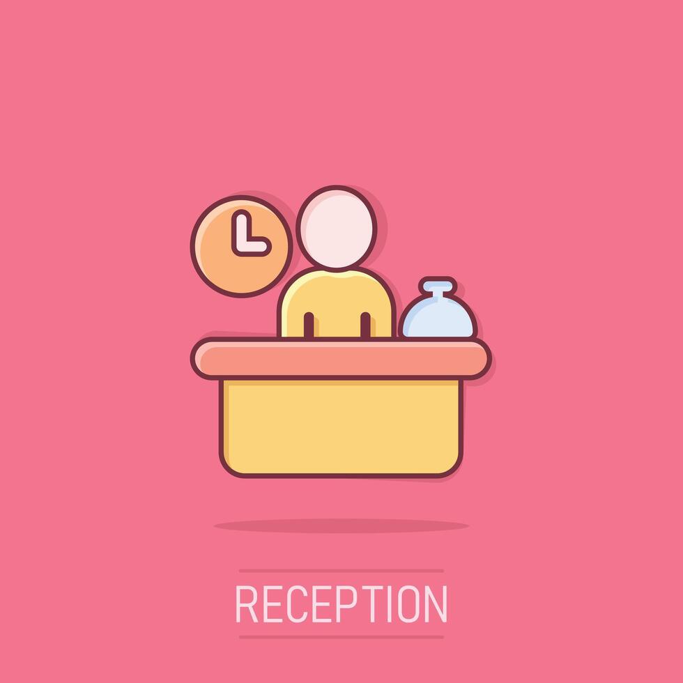 Check in reception icon in comic style. Booking service cartoon vector illustration on isolated background. Hotel reservation splash effect business concept.