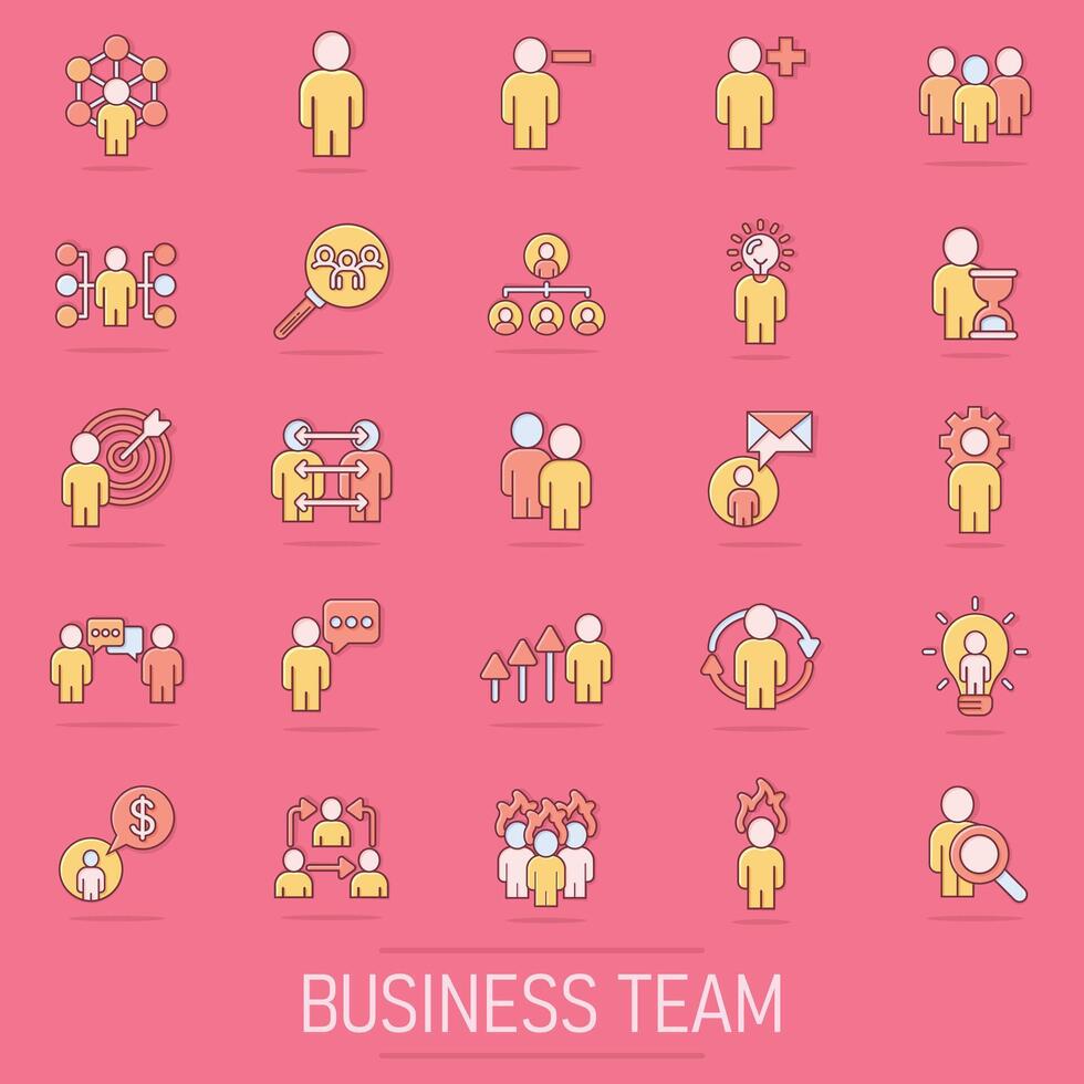 People leadership icon set in comic style. Person cartoon collection vector illustration on isolated background. User teamwork splash effect business concept.