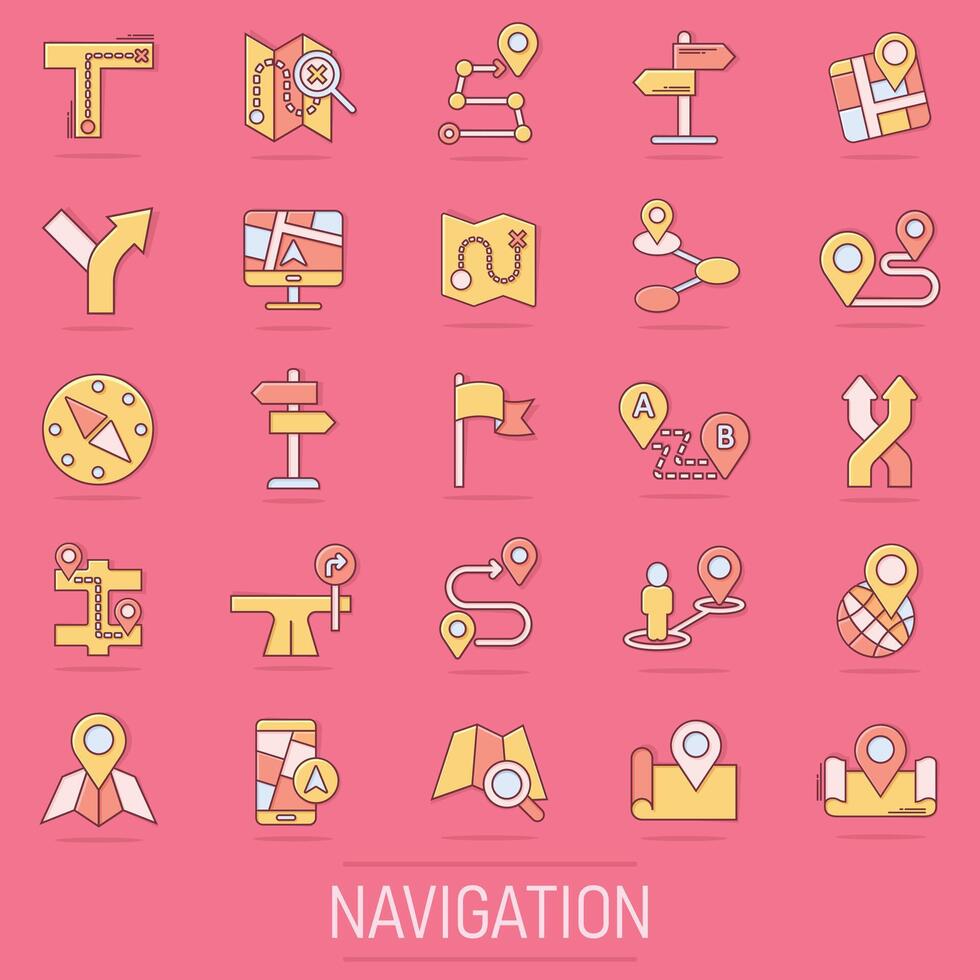 Navigation icon set in comic style. Gps direction cartoon vector illustration on isolated background. Locate pin position splash effect business concept.