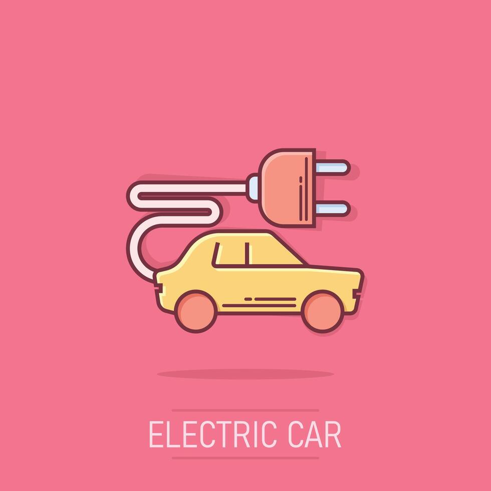 Electric car icon in comic style. Electro auto cartoon vector illustration on isolated background. Ecology transport splash effect business concept.