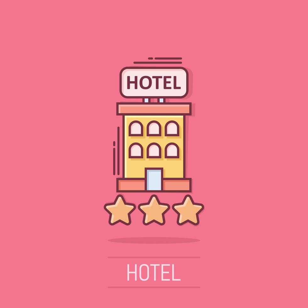Hotel 3 stars sign icon in comic style. Inn building cartoon vector illustration on isolated background. Hostel room splash effect business concept.