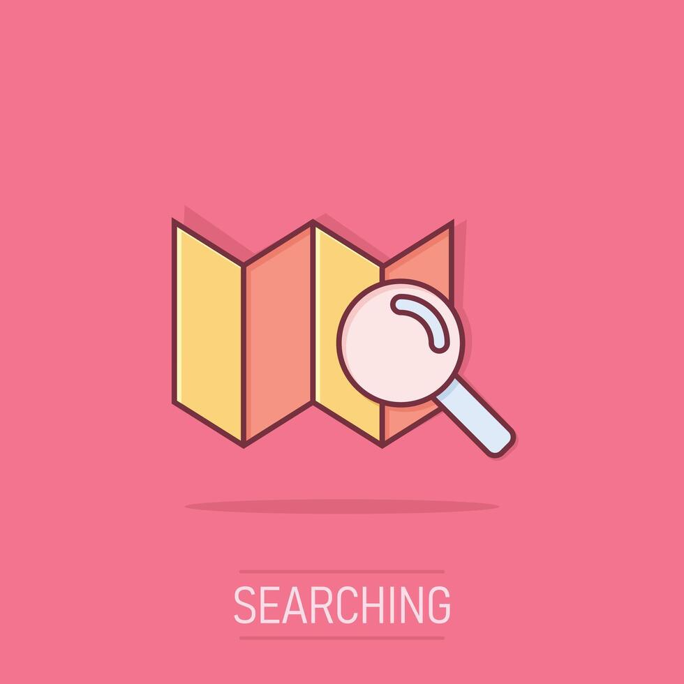Search location icon in comic style. GPS navigation cartoon vector illustration on isolated background. Locate position splash effect business concept.