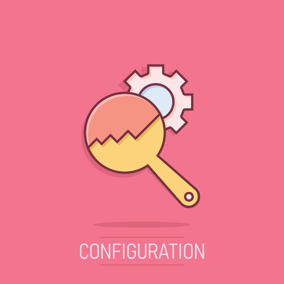 Loupe with gear icon in comic style. Magnifying glass cartoon vector illustration on isolated background. Seo exploration splash effect business concept.