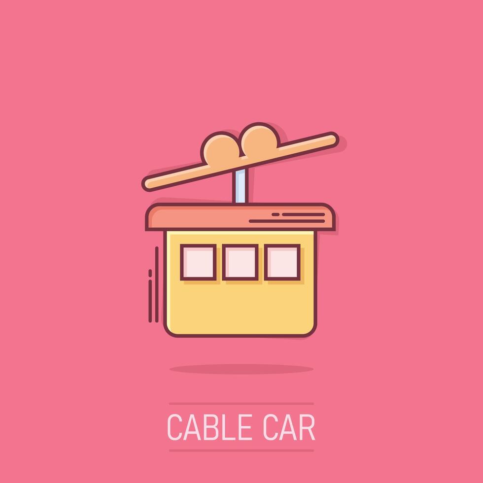 cable coche icono en cómic estilo. ascensor cabina dibujos animados vector ilustración en aislado antecedentes. teleférico chapoteo efecto negocio concepto.