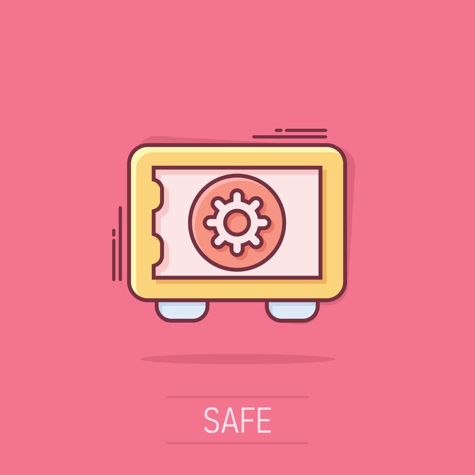 Safe money icon in comic style. Strongbox cartoon vector illustration on isolated background. Finance security splash effect business concept.