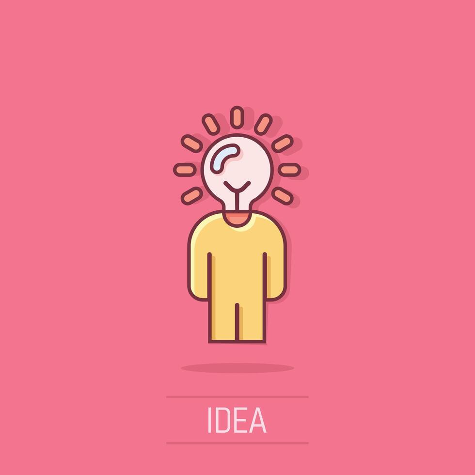 People with bulb icon in comic style. idea cartoon vector collection illustration on isolated background. Brain mind splash effect business concept.
