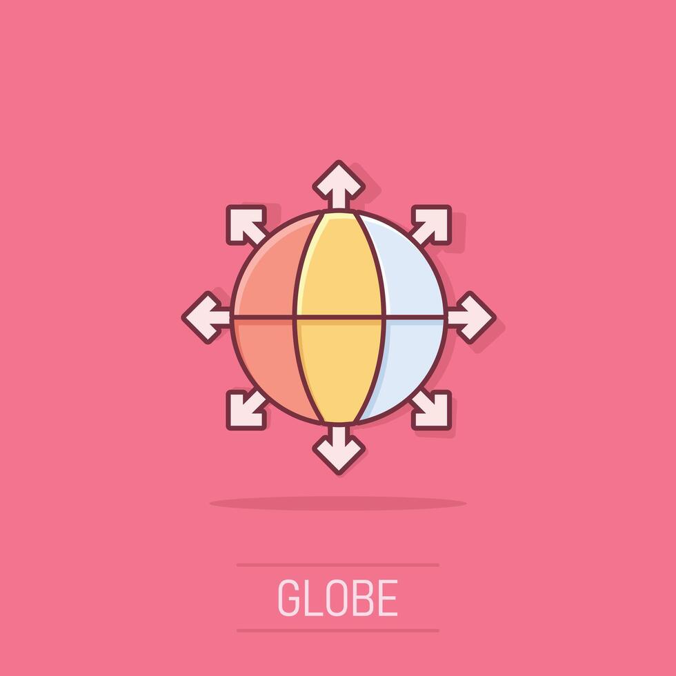 tierra planeta icono en cómic estilo. globo geográfico dibujos animados vector ilustración en aislado antecedentes. global comunicación chapoteo efecto negocio concepto.