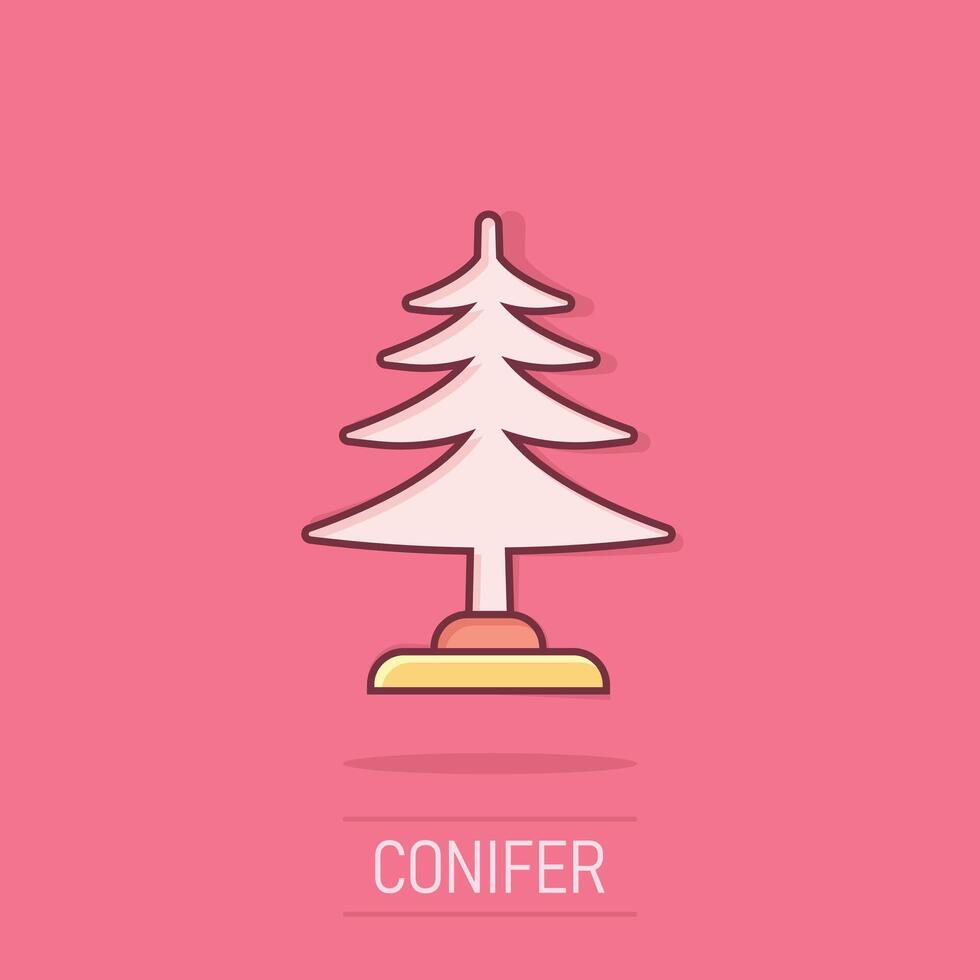 Conifer tree icon in comic style. Fir flora cartoon vector illustration on isolated background. Ecology splash effect sign business concept.