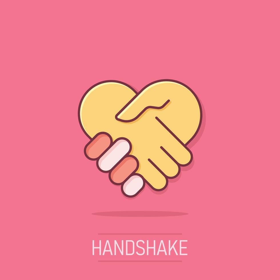 Handshake icon in comic style. Partnership deal cartoon vector illustration on isolated background. Agreement splash effect business concept.