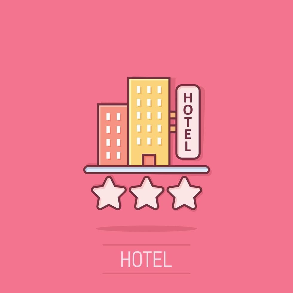 hotel 3 estrellas firmar icono en cómic estilo. Posada edificio dibujos animados vector ilustración en aislado antecedentes. Hostal habitación chapoteo efecto negocio concepto.