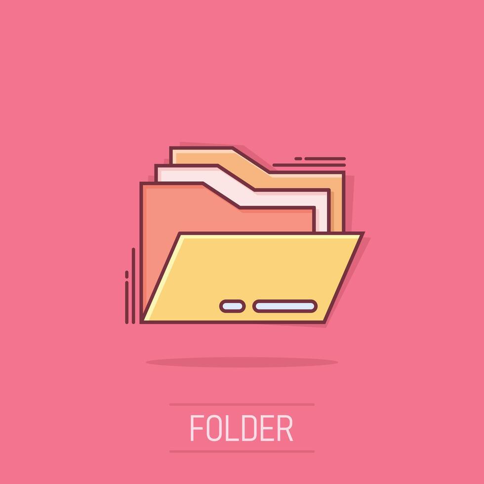 File folder icon in comic style. Documents archive cartoon vector illustration on isolated background. Storage splash effect business concept.