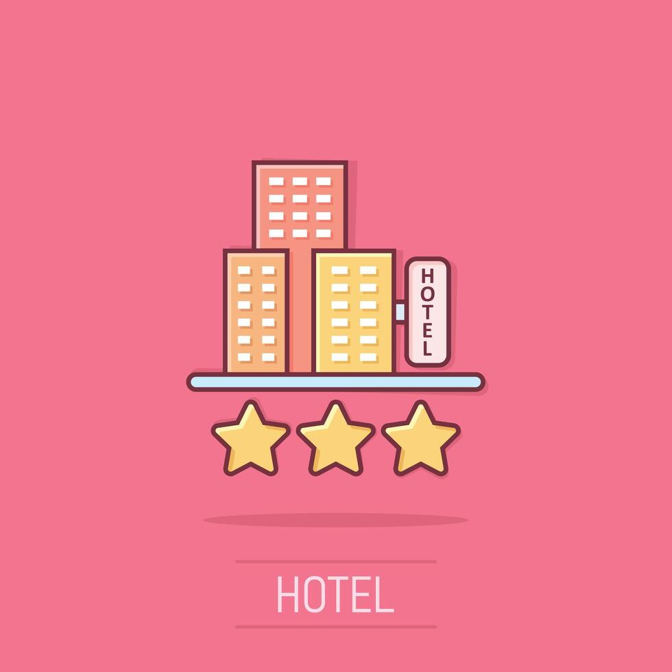 Hotel 3 stars sign icon in comic style. Inn building cartoon vector illustration on isolated background. Hostel room splash effect business concept.