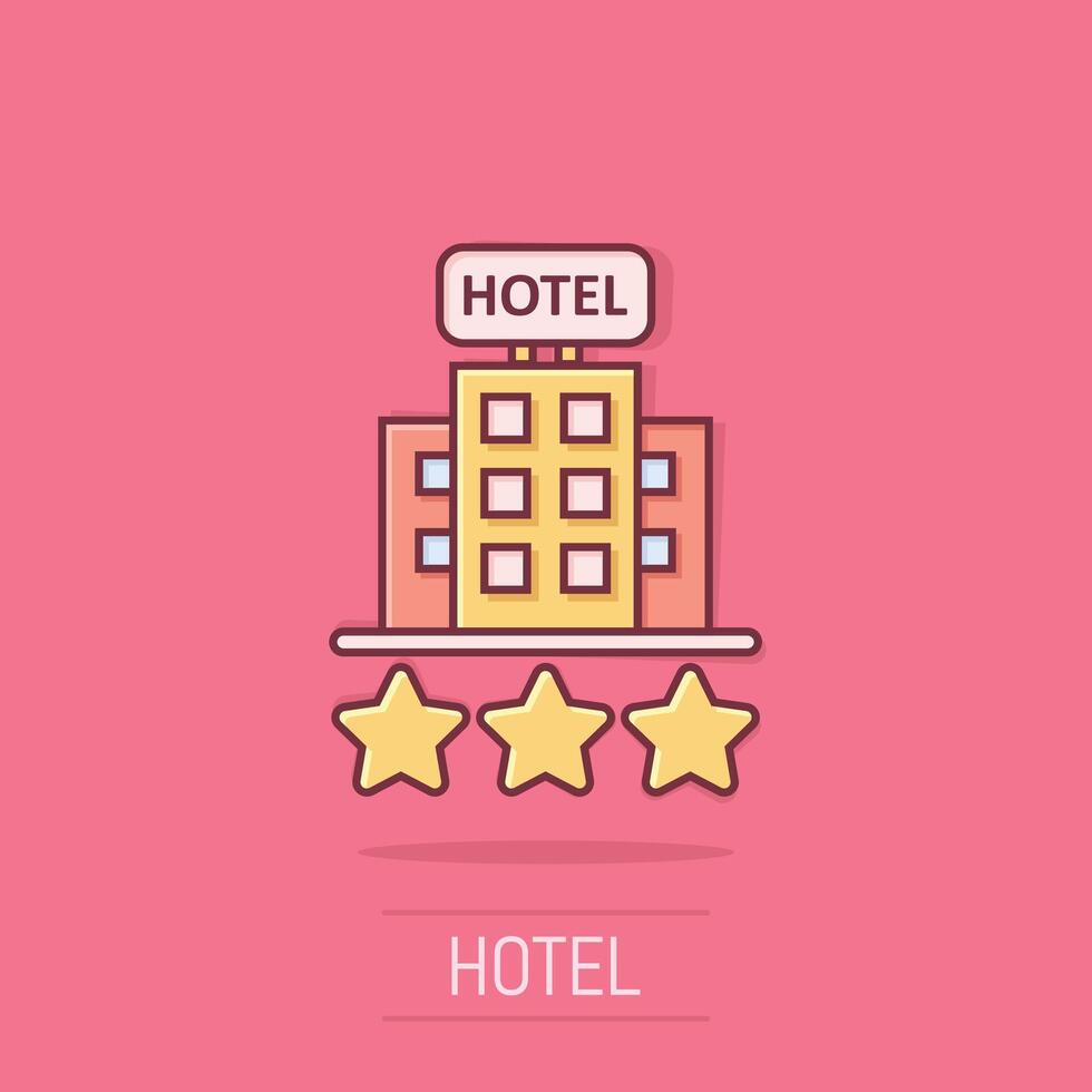 Hotel 3 stars sign icon in comic style. Inn building cartoon vector illustration on isolated background. Hostel room splash effect business concept.