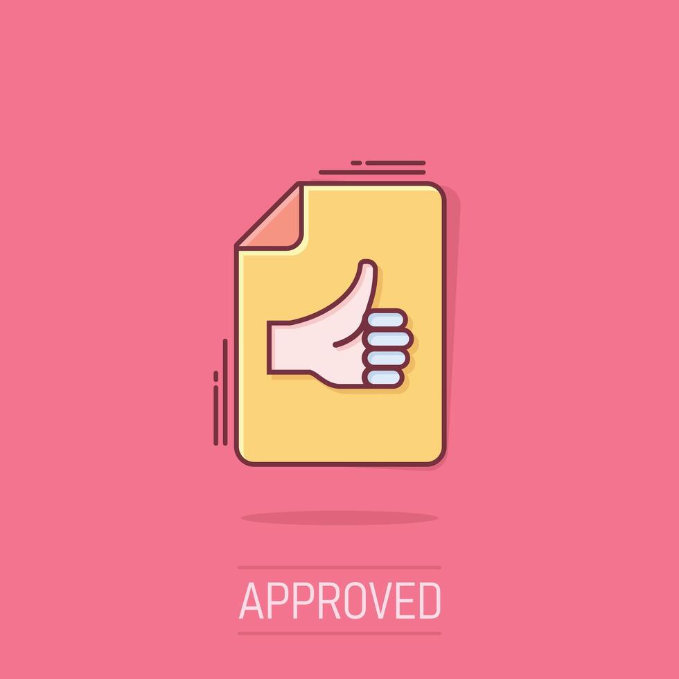 People hand with check mark icon in comic style. Accept cartoon vector illustration on isolated background. Approval choice splash effect business concept.