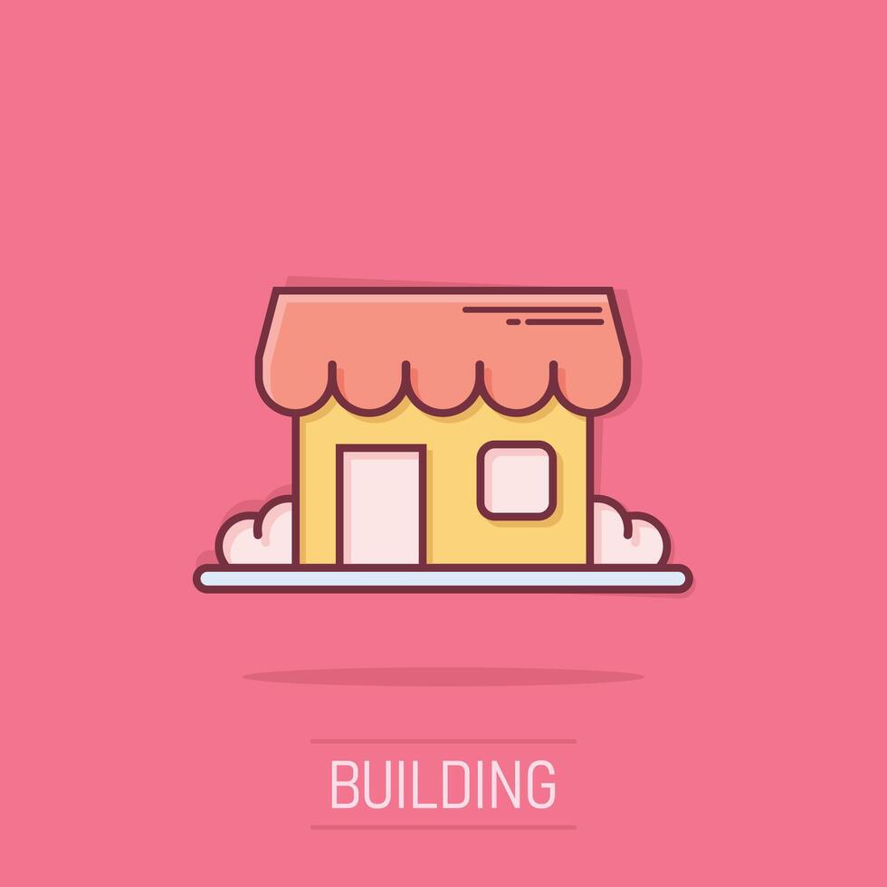 Building icon in comic style. Home cartoon vector illustration on isolated background. House splash effect business concept.