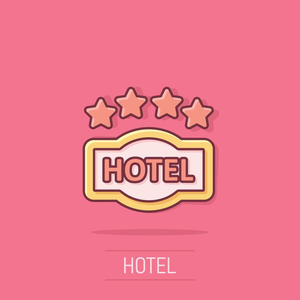 Hotel 4 stars sign icon in comic style. Inn cartoon vector illustration on isolated background. Hostel room information splash effect business concept.