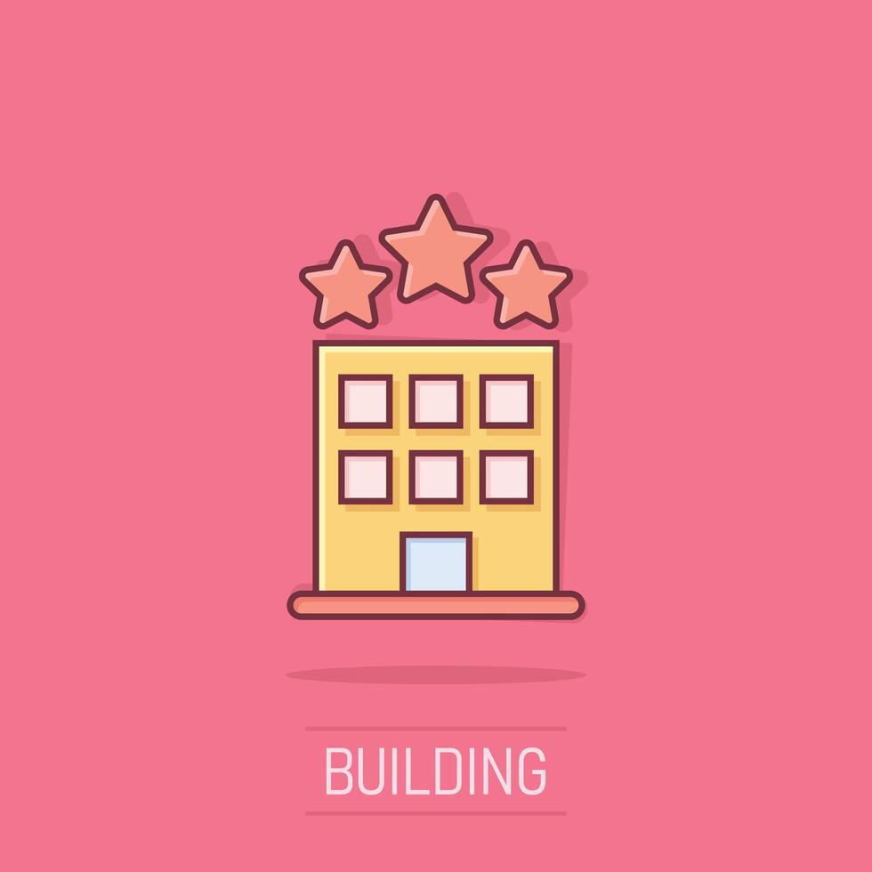 Building icon in comic style. Town skyscraper apartment cartoon vector illustration on isolated background. City tower splash effect business concept.