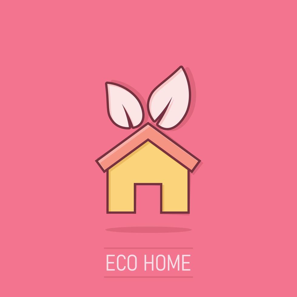 House with leaf icon in comic style. Flower garden cartoon vector illustration on isolated background. Ecology splash effect sign business concept.