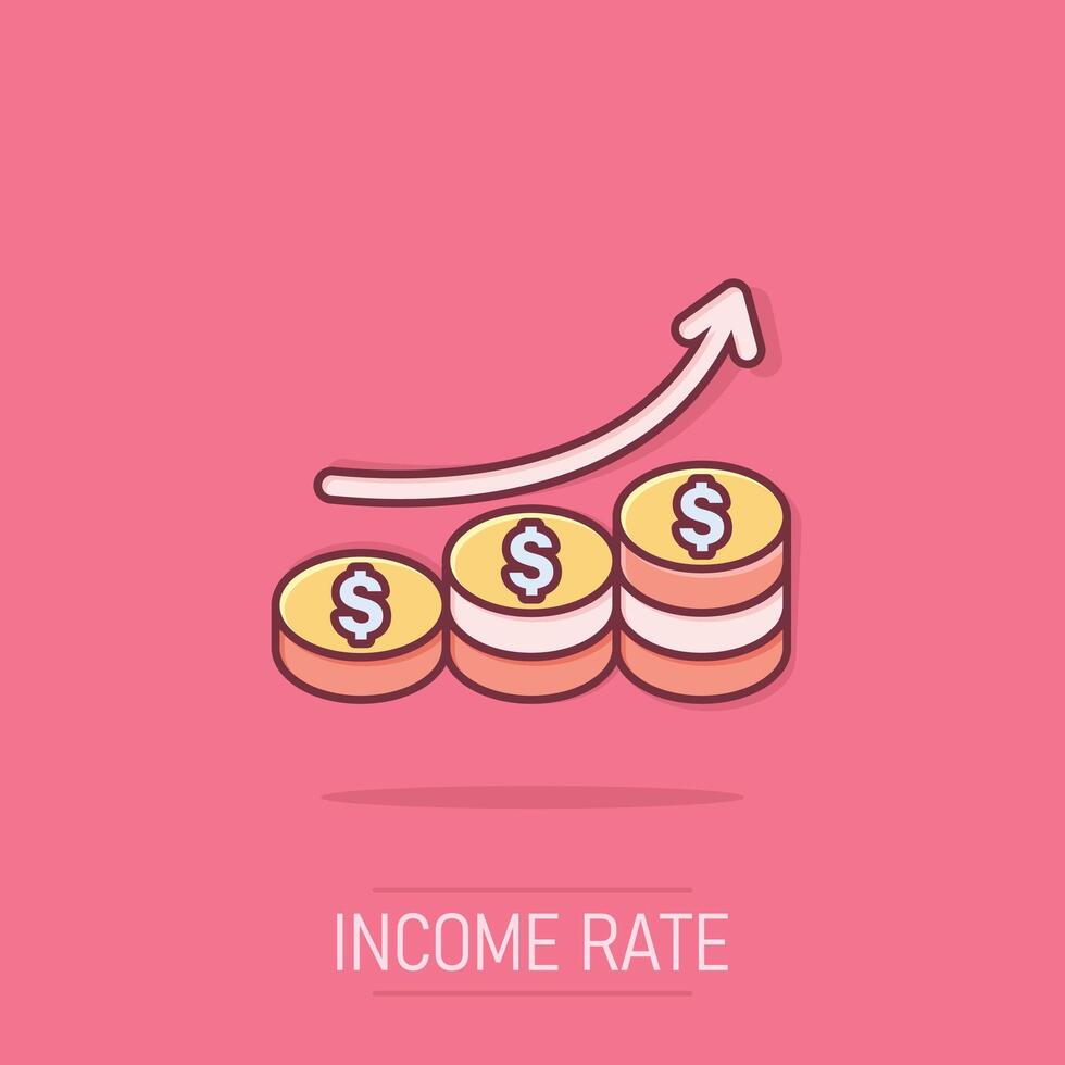 Income rate increase icon in comic style. Finance performance cartoon vector illustration on isolated background. Coin with growth arrow splash effect business concept.