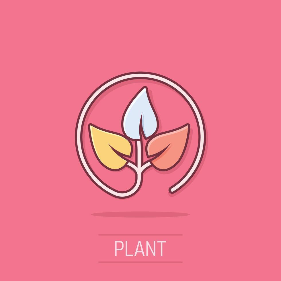 Leaf icon in comic style. Plant cartoon vector illustration on isolated background. Flower splash effect sign business concept.