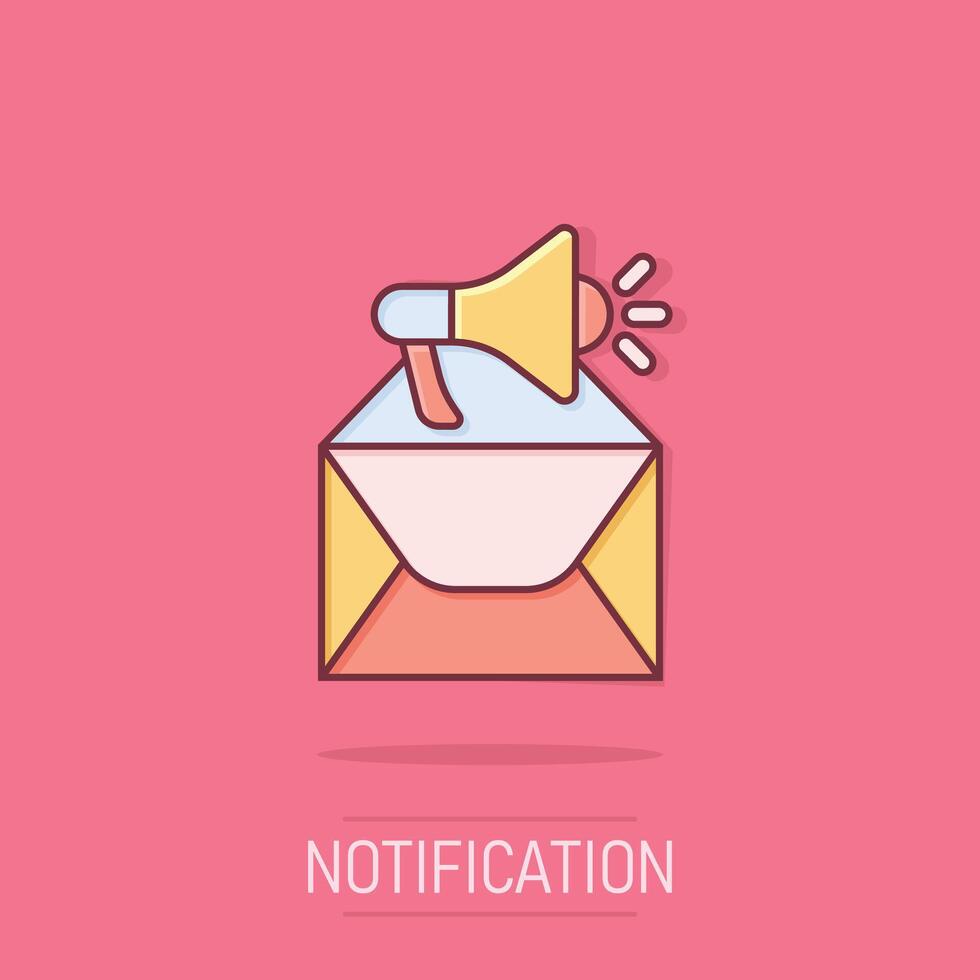 sobre notificación icono en cómic estilo. correo electrónico con altavoz dibujos animados vector ilustración en aislado antecedentes. recibir correo mensaje chapoteo efecto negocio concepto.