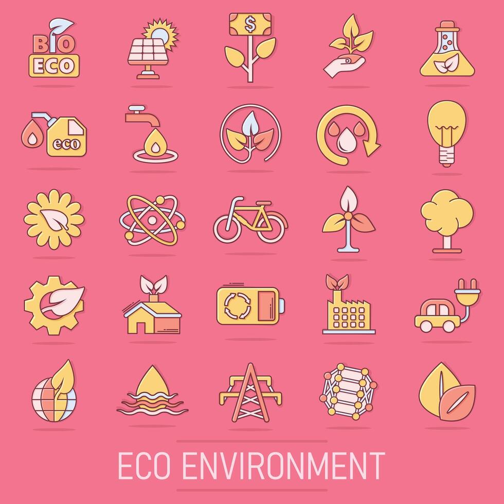 Eco environment icons set in comic style. Ecology cartoon vector illustration on isolated background. Bio emblem splash effect sign business concept.