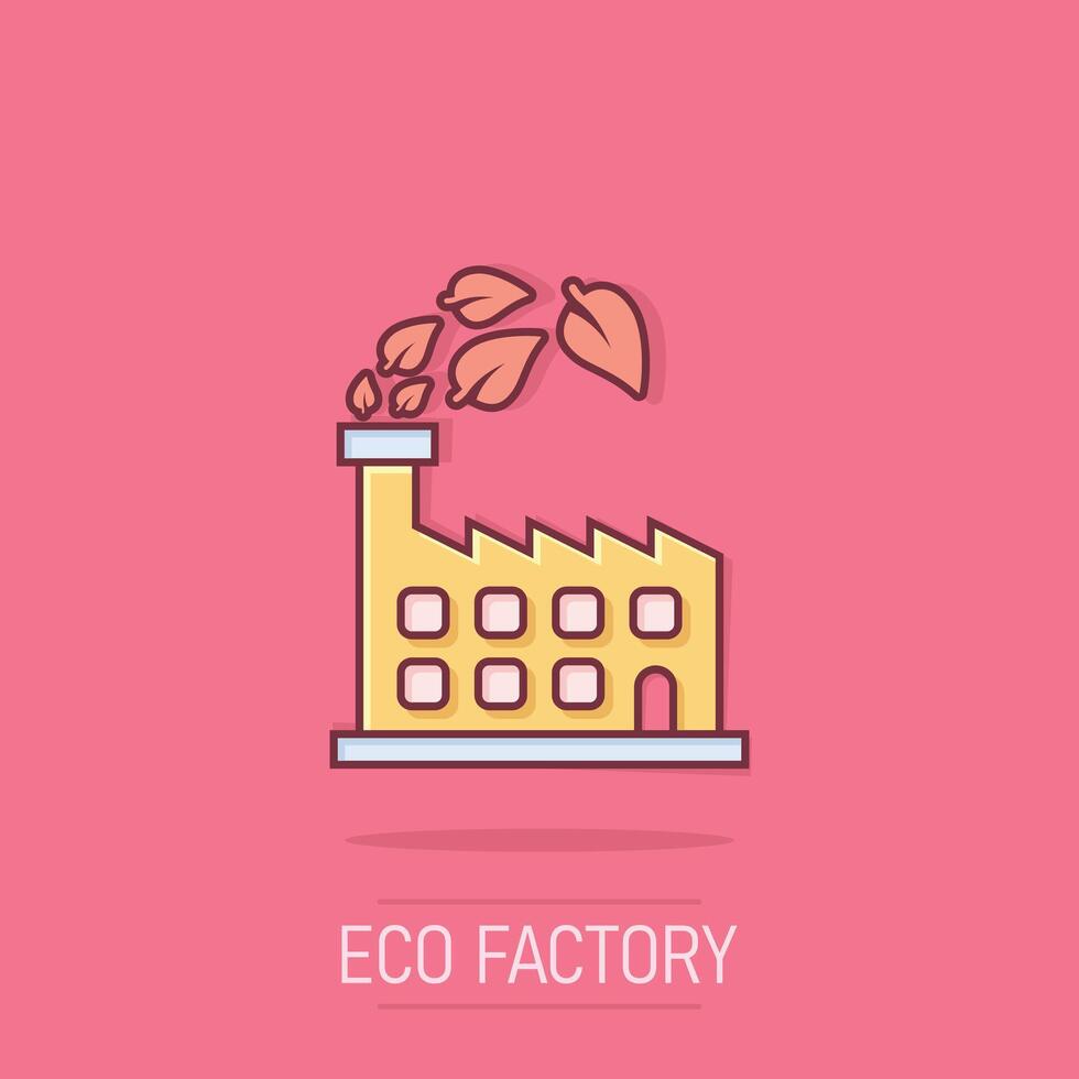 Factory ecology icon in comic style. Eco plant cartoon vector illustration on isolated background. Nature industry splash effect business concept.
