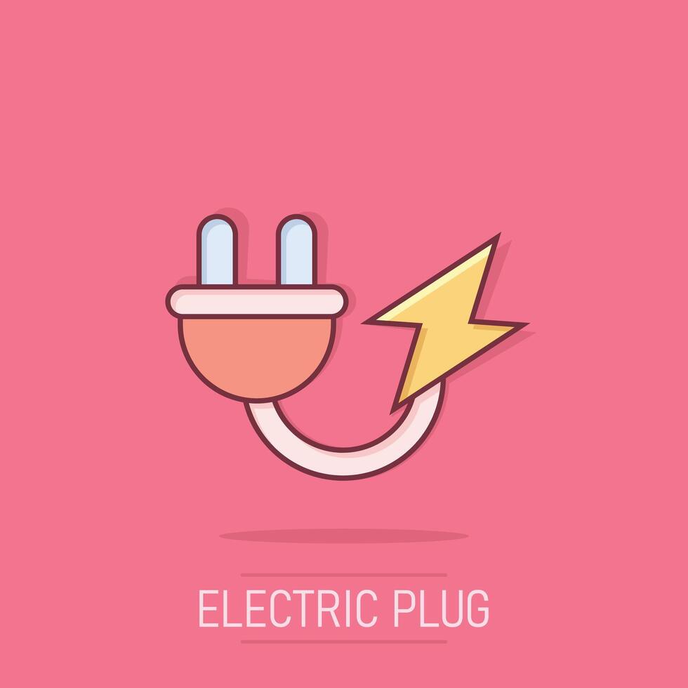 Electric plug icon in comic style. Power adapter cartoon vector illustration on isolated background. Electrician splash effect sign business concept.