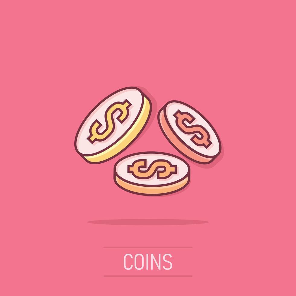 Coins stack icon in comic style. Dollar coin cartoon vector illustration on isolated background. Money stacked splash effect business concept.