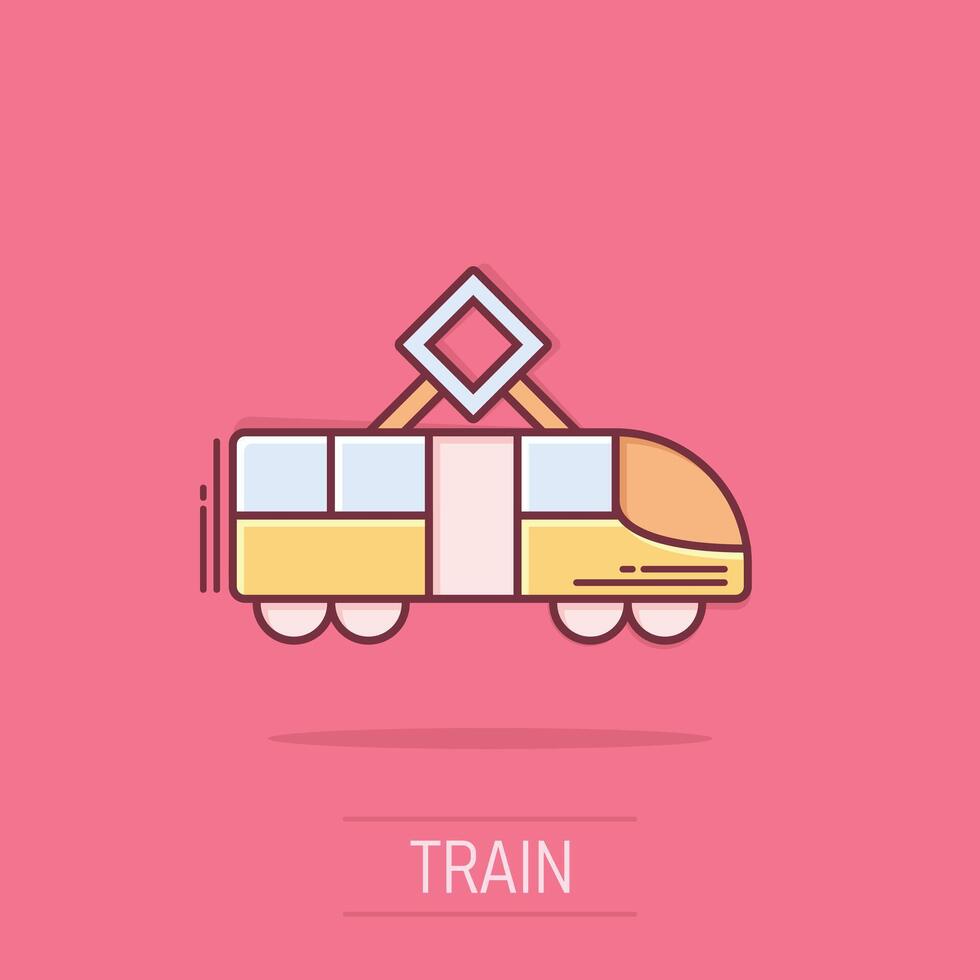 metro icono en cómic estilo. tren subterraneo dibujos animados vector ilustración en aislado antecedentes. ferrocarril carga chapoteo efecto negocio concepto.