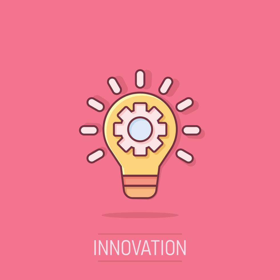 Innovation icon in comic style. Lightbulb with cogwheel cartoon vector illustration on isolated background. Idea splash effect business concept.