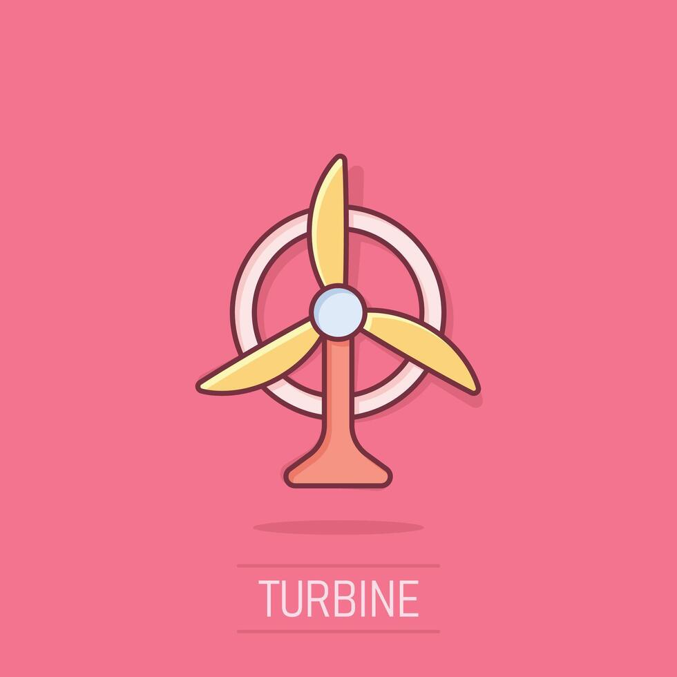 Wind power plant icon in comic style. Turbine cartoon vector illustration on isolated background. Air energy splash effect sign business concept.