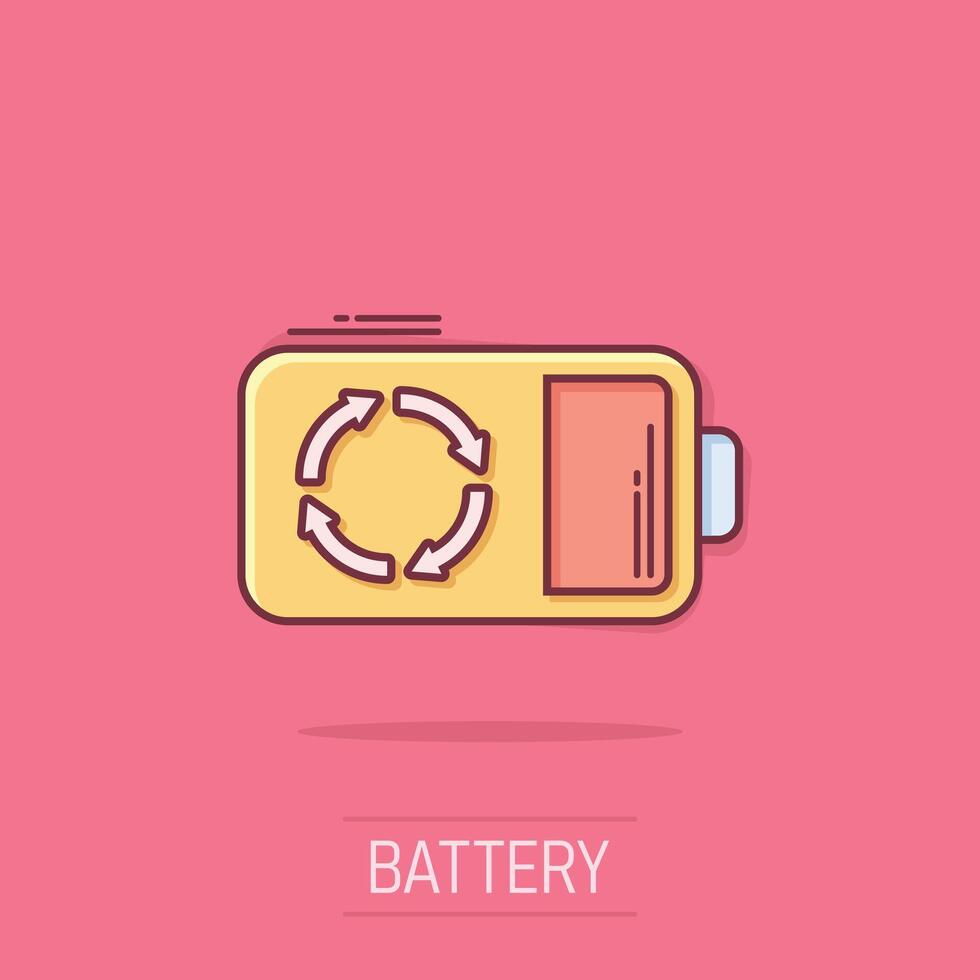 Battery icon in comic style. Accumulator cartoon vector illustration on isolated background. Energy charger splash effect business concept.