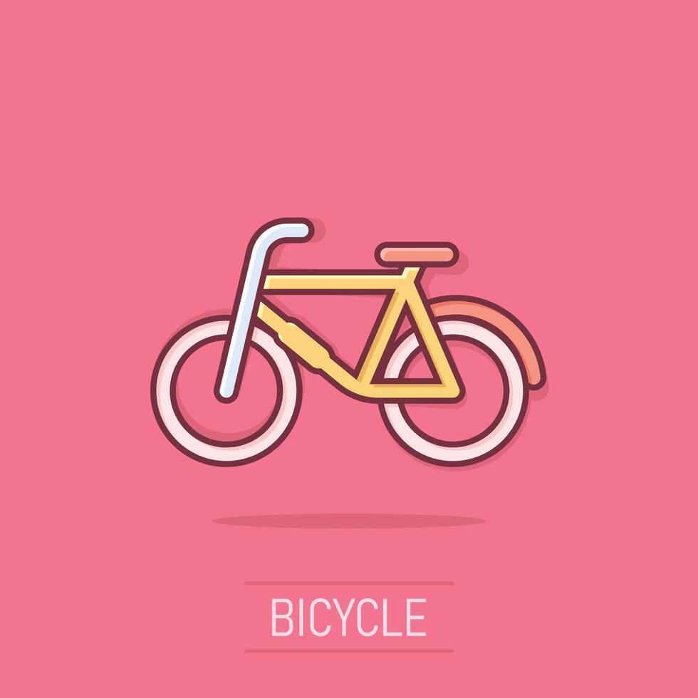 Bicycle icon in comic style. Bike exercise cartoon vector illustration on isolated background. Fitness exercise splash effect sign business concept.
