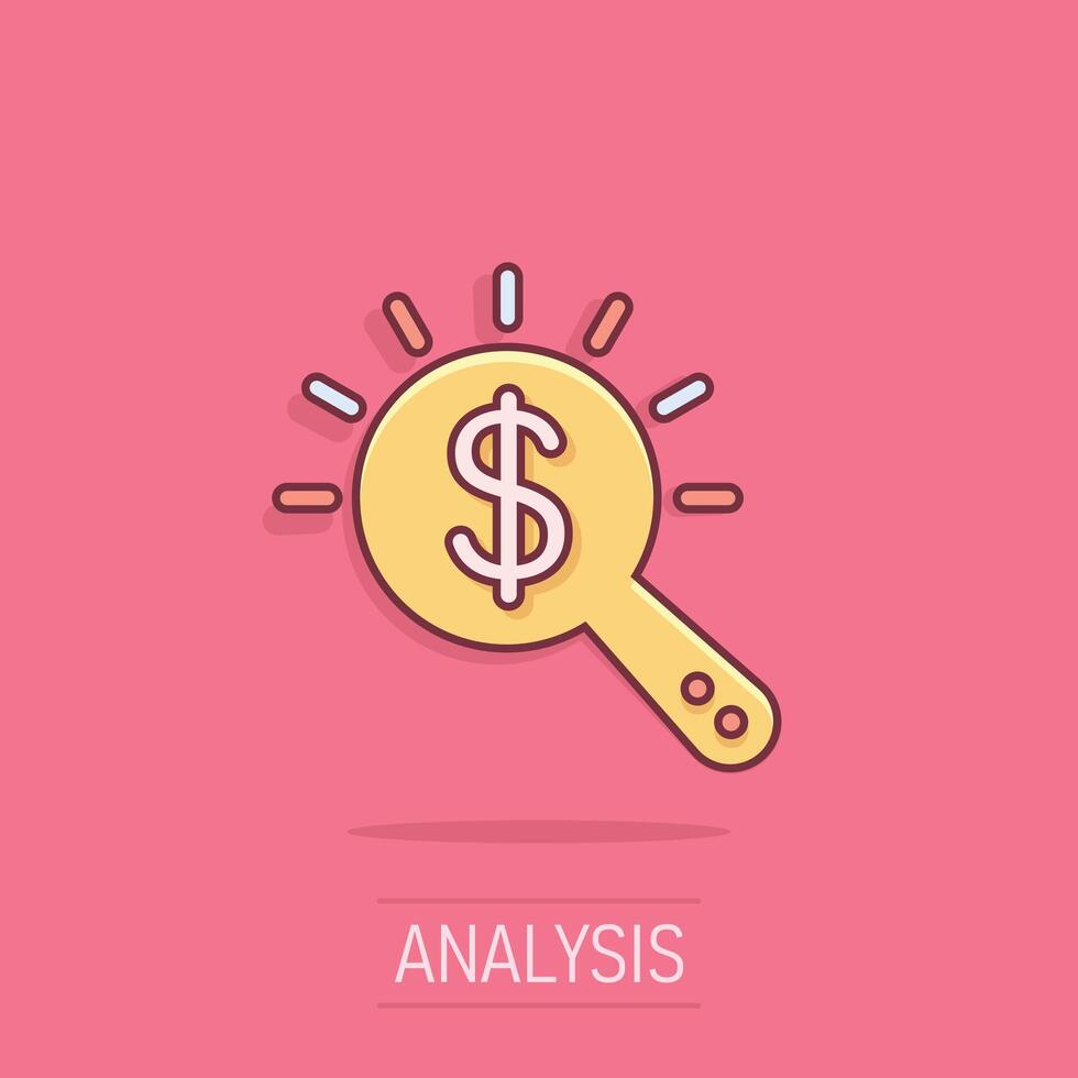 Magnifier glass with money icon in comic style. Dollar search cartoon vector illustration on isolated background. Financial currency splash effect business concept.