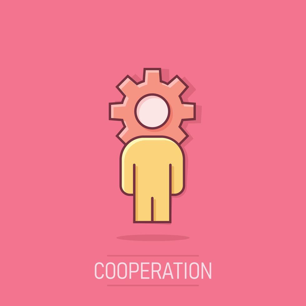 People with gear icon in comic style. Person cogwheel cartoon vector illustration on isolated background. Teamwork splash effect business concept.