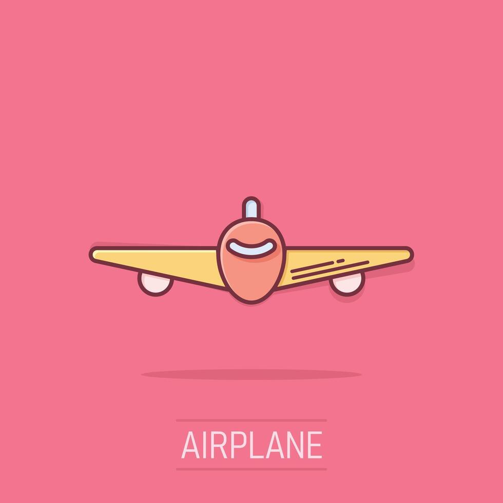 Plane icon in comic style. Airplane cartoon vector illustration on isolated background. Flight airliner splash effect business concept.