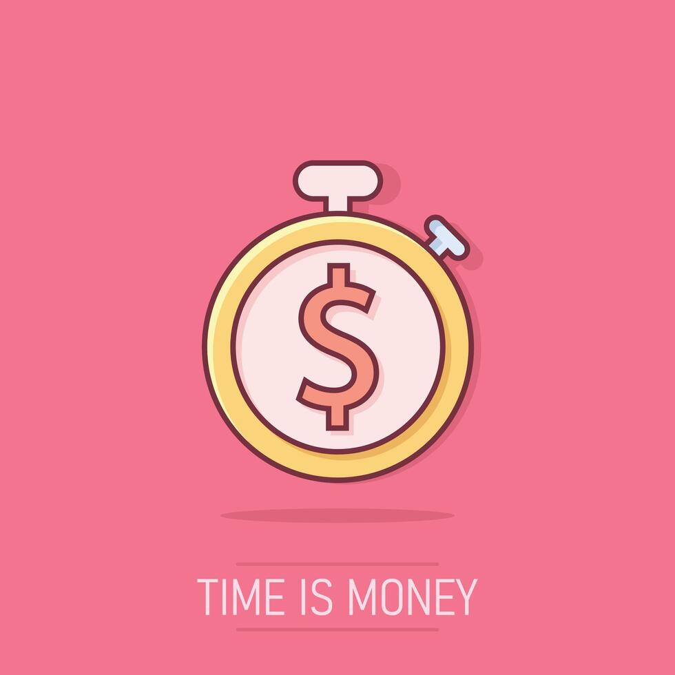 Time is money icon in comic style. Clock with dollar cartoon vector illustration on isolated background. Currency splash effect business concept.