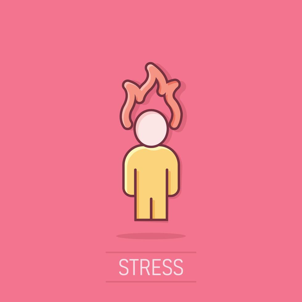 People with flame head icon in comic style. Stress expression cartoon vector illustration on isolated background. Health problem splash effect business concept.