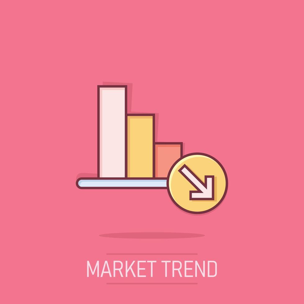 Market trend icon in comic style. Decline arrow with magnifier cartoon vector illustration on isolated background. Decrease splash effect business concept.