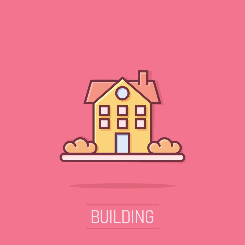 Building icon in comic style. Home cartoon vector illustration on isolated background. House splash effect business concept.