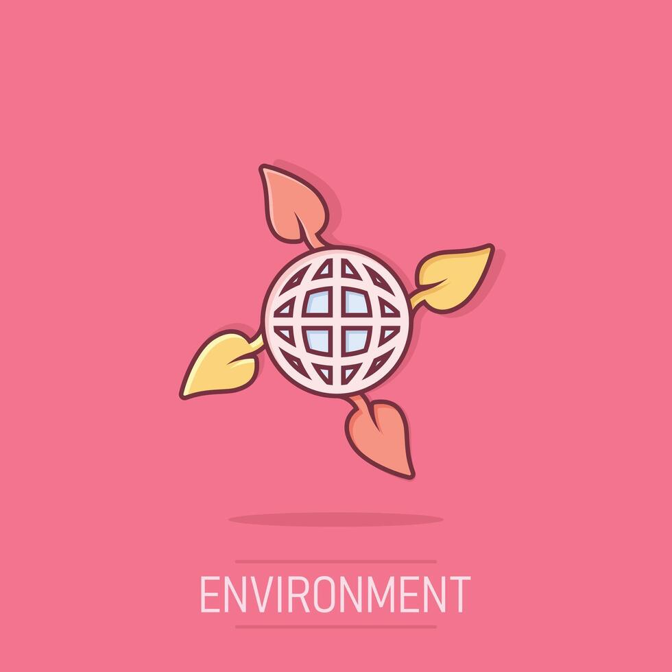 Planet and leaf icon in comic style. World and eco cartoon vector illustration on isolated background. Globe and organic splash effect business concept.